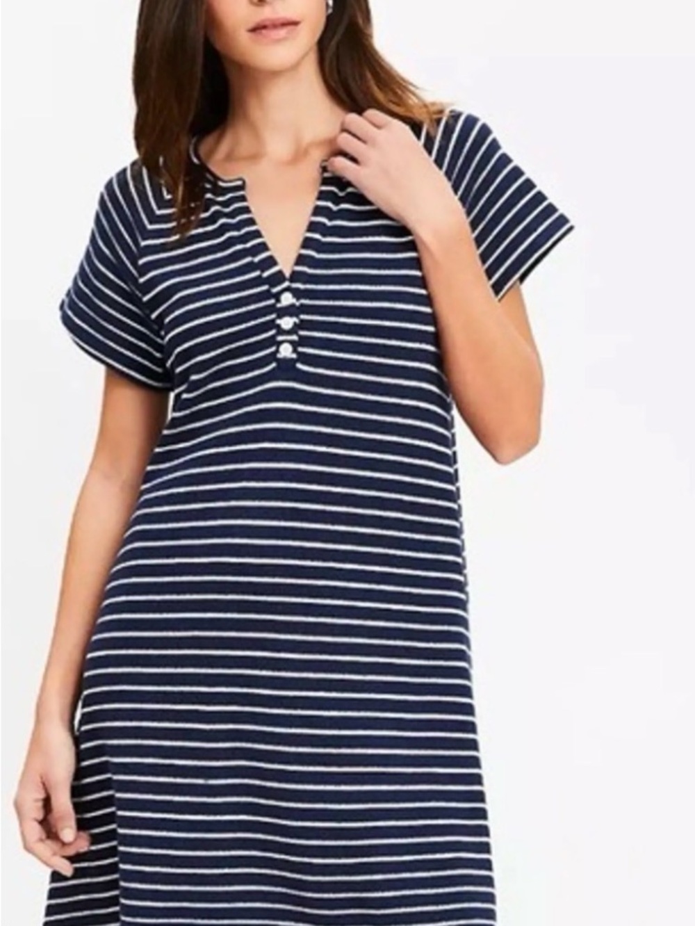 LOFT Navy and White Striped Short-Sleeve Swim Cover-Up